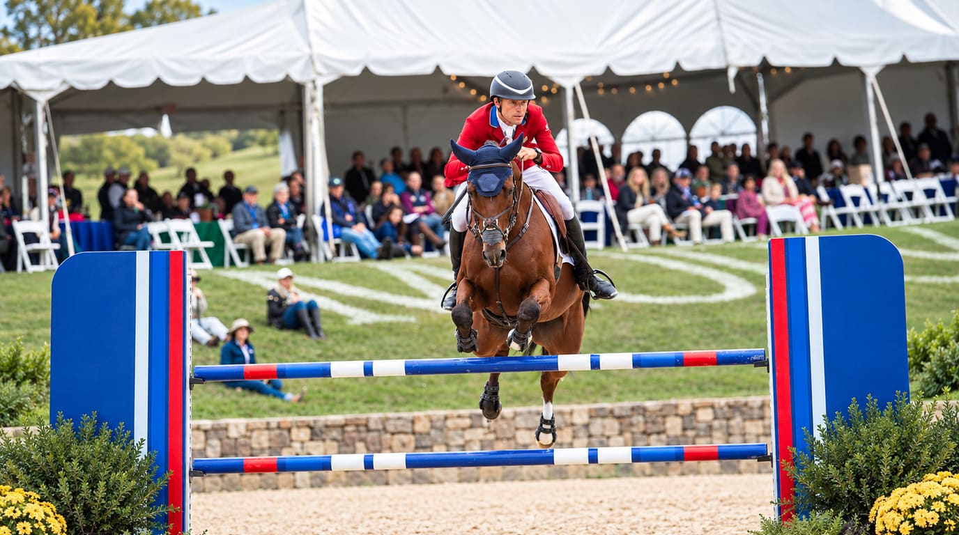 Un jinete de concurso completo con chaqueta roja salta un obstáculo rojo, blanco y azul sobre un caballo bayo ante espectadores bajo una carpa blanca en Morven Park.