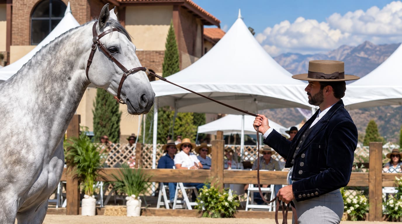 Un caballo gris rodado con cabestro de cuero es guiado por un hombre con sombrero de ala plana y chaqueta de terciopelo en una feria al aire libre con carpas y montañas.
