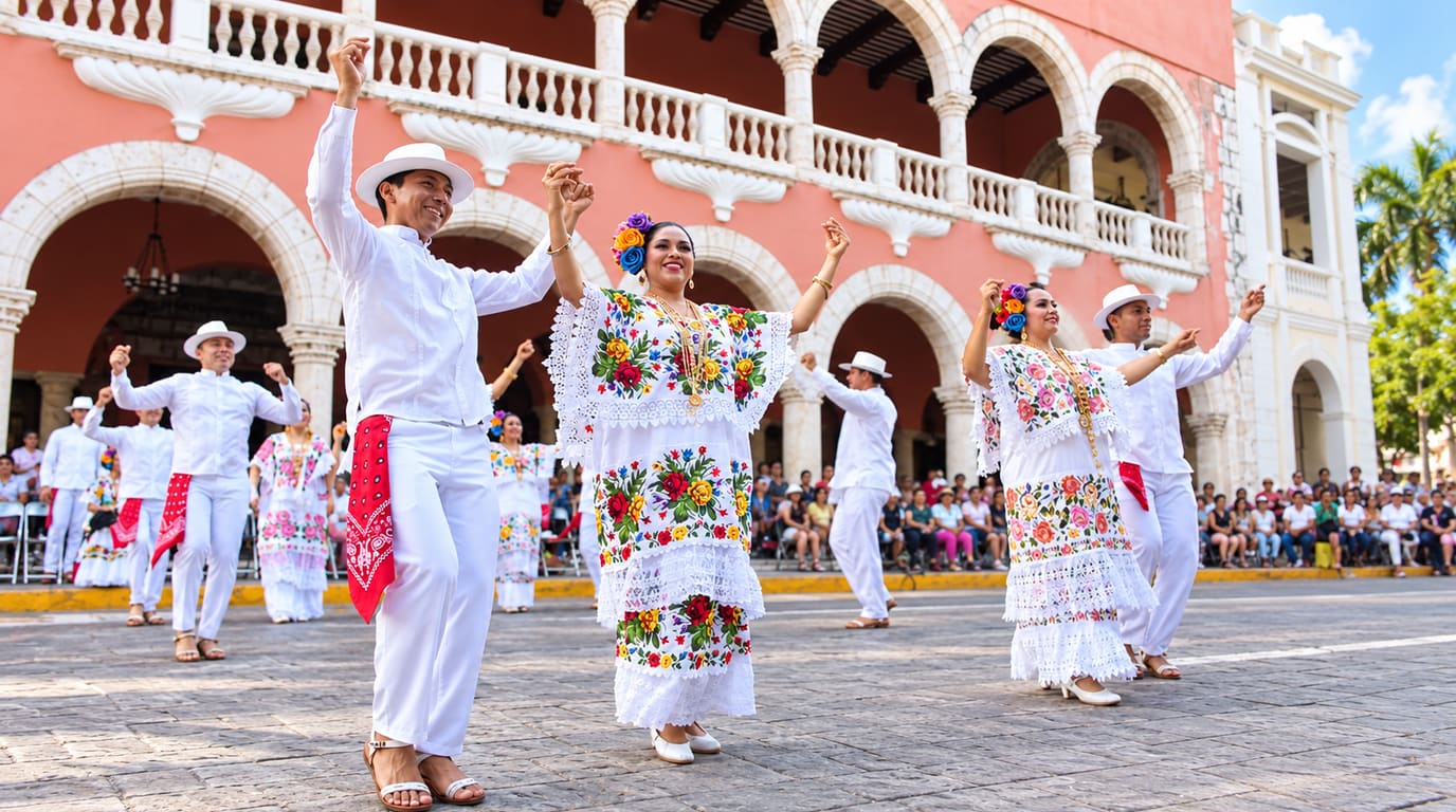 Dancers in white guayaberas, straw hats and embroidered floral huipiles perform a jarana in a sunlit colonial plaza as spectators watch.