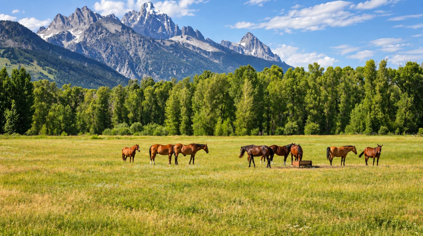 A herd of bay and brown horses stands around a water trough in a green pasture below a tree line and jagged snow-dusted mountain peaks.