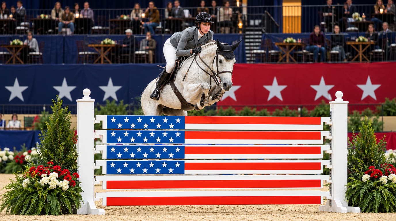 Una jinete con chaqueta gris salta sobre un caballo tordo un obstáculo con barras de barras y estrellas en una pista cubierta, con público sentado detrás.