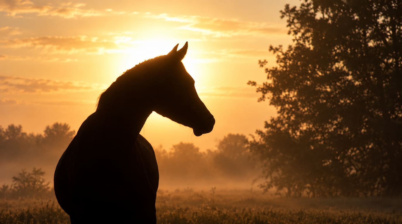 A horse stands in silhouette against a hazy golden sunrise, with mist drifting over a meadow and a large tree at the field's edge.