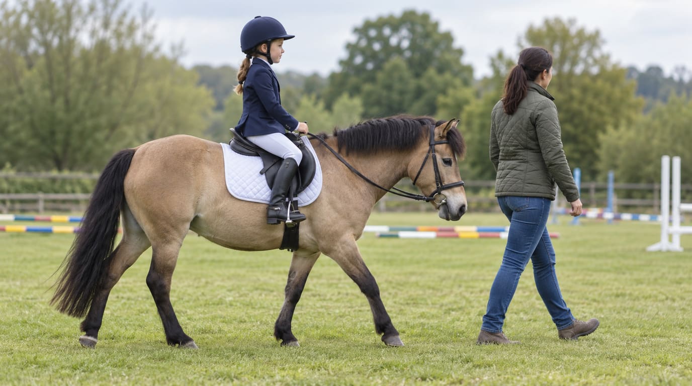 A young girl in a navy helmet and show jacket rides a dun pony across a grassy show field while an adult in a green jacket walks alongside.