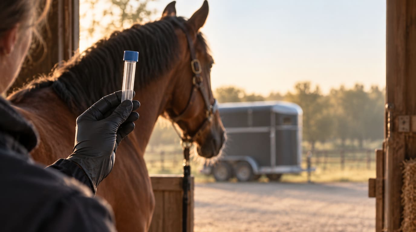 A gloved hand holds up a capped sample tube in a barn doorway with a calm bay horse blurred behind.
