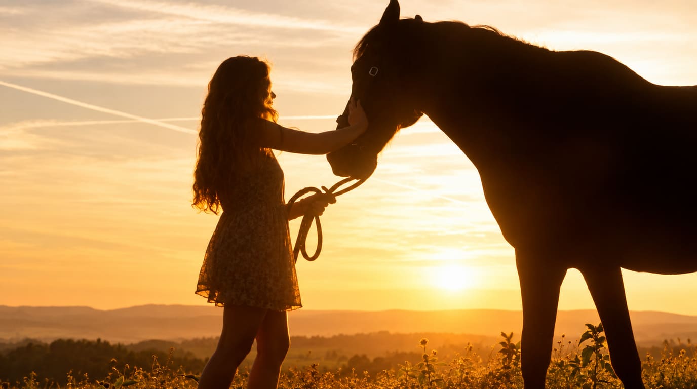 A long-haired girl in a summer dress holds a lead rope and touches a dark horse's face, both silhouetted against a golden sunset over a meadow.