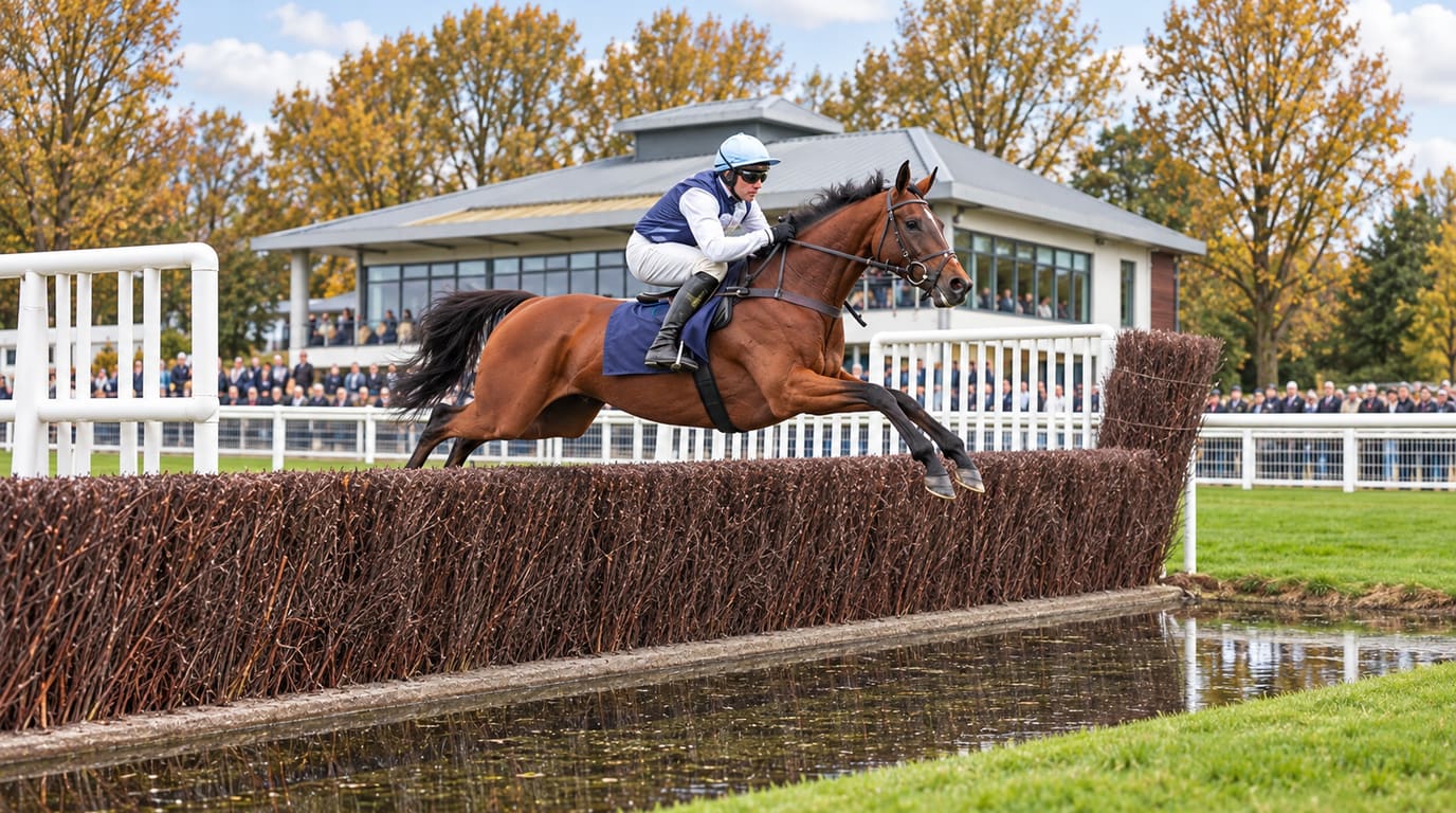 Un caballo de steeplechase castaño y su jinete con chaquetilla azul marino y blanca saltan una valla de ramas sobre una ría frente a la tribuna y árboles otoñales.