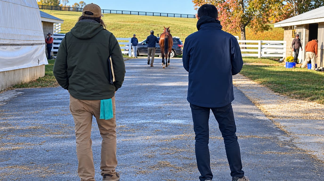 Two men seen from behind on a barn-area lane watch a handler lead a bay racehorse away from them, past white fences and autumn trees.