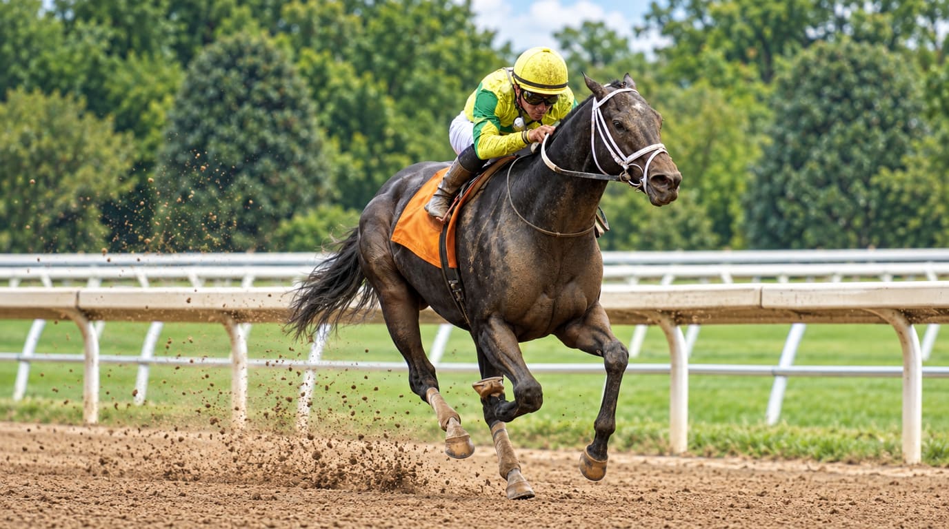 A jockey in yellow and green silks rides a dark gray Thoroughbred at a gallop on a dirt track, kicking up clods beside the white rail.