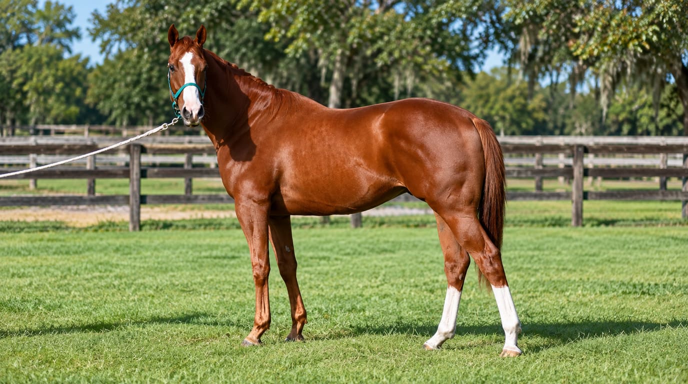 A glossy chestnut Thoroughbred with a white blaze and two white hind socks stands on green grass in a teal halter beside a wooden paddock fence.