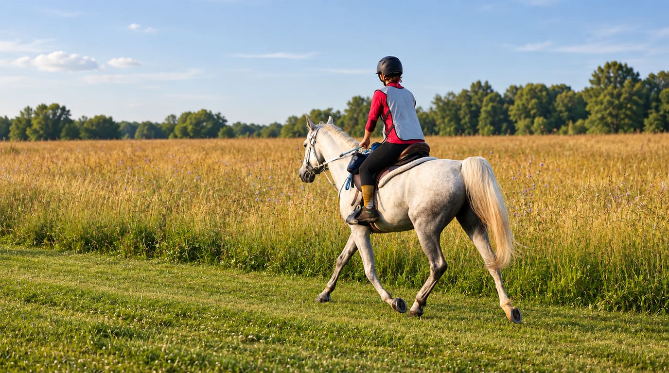 Endurance rider in a helmet, pink shirt and white vest trots a grey horse across a mowed path beside a tall golden meadow.
