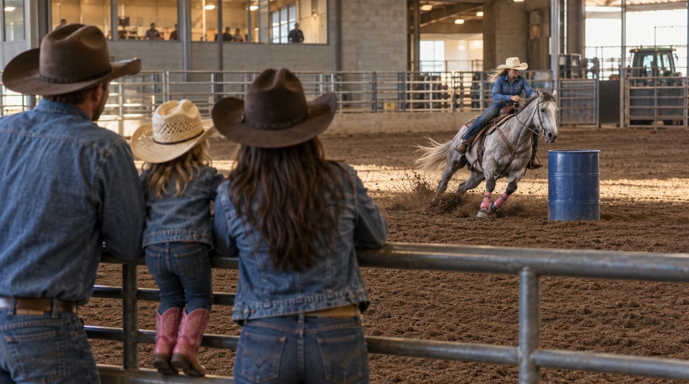 A family in cowboy hats, denim and boots, including a girl in pink boots, watches from the rail as a barrel racer turns a grey horse indoors.