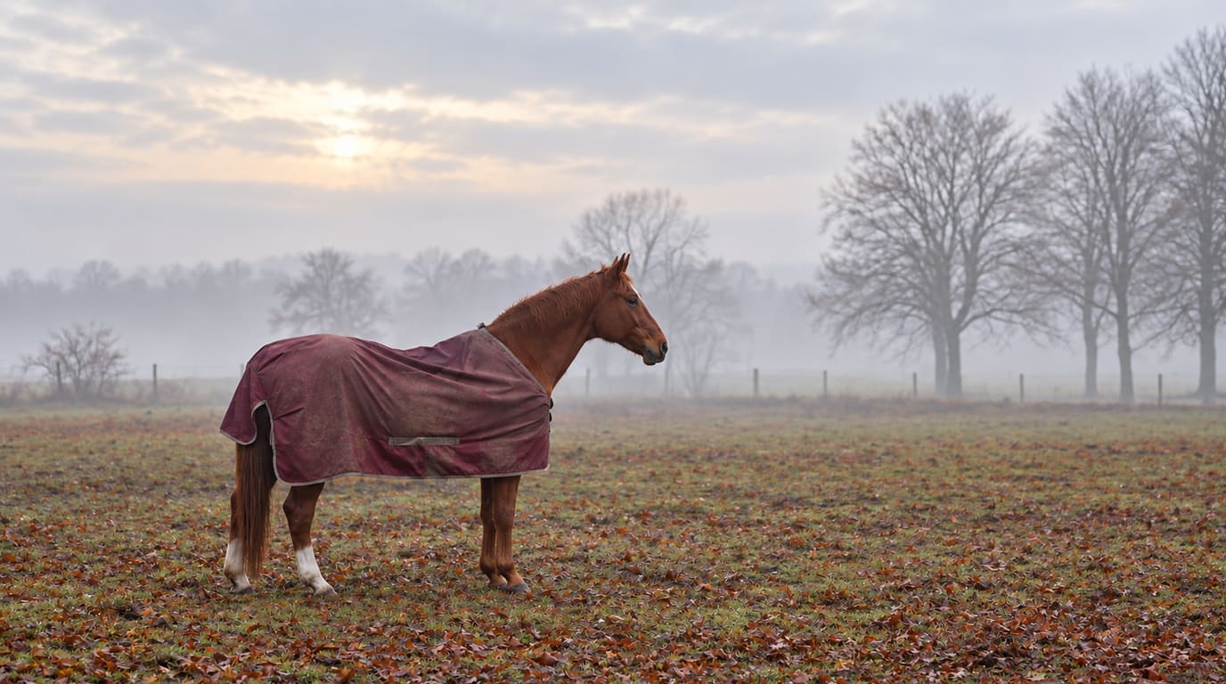 A chestnut horse in a burgundy turnout blanket stands in a misty autumn pasture covered in fallen leaves, with bare trees behind.