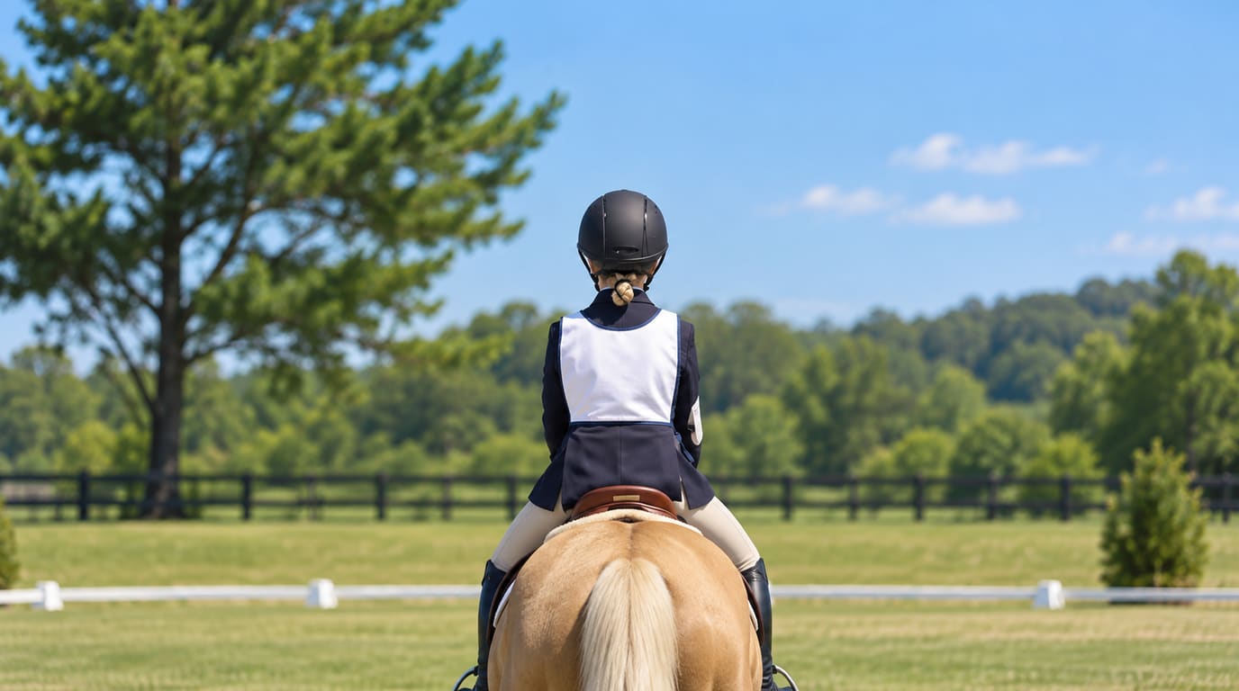 A young rider in a black riding helmet, navy show jacket and plain white pinny sits on a palomino pony, seen from behind in a sunny show ring.