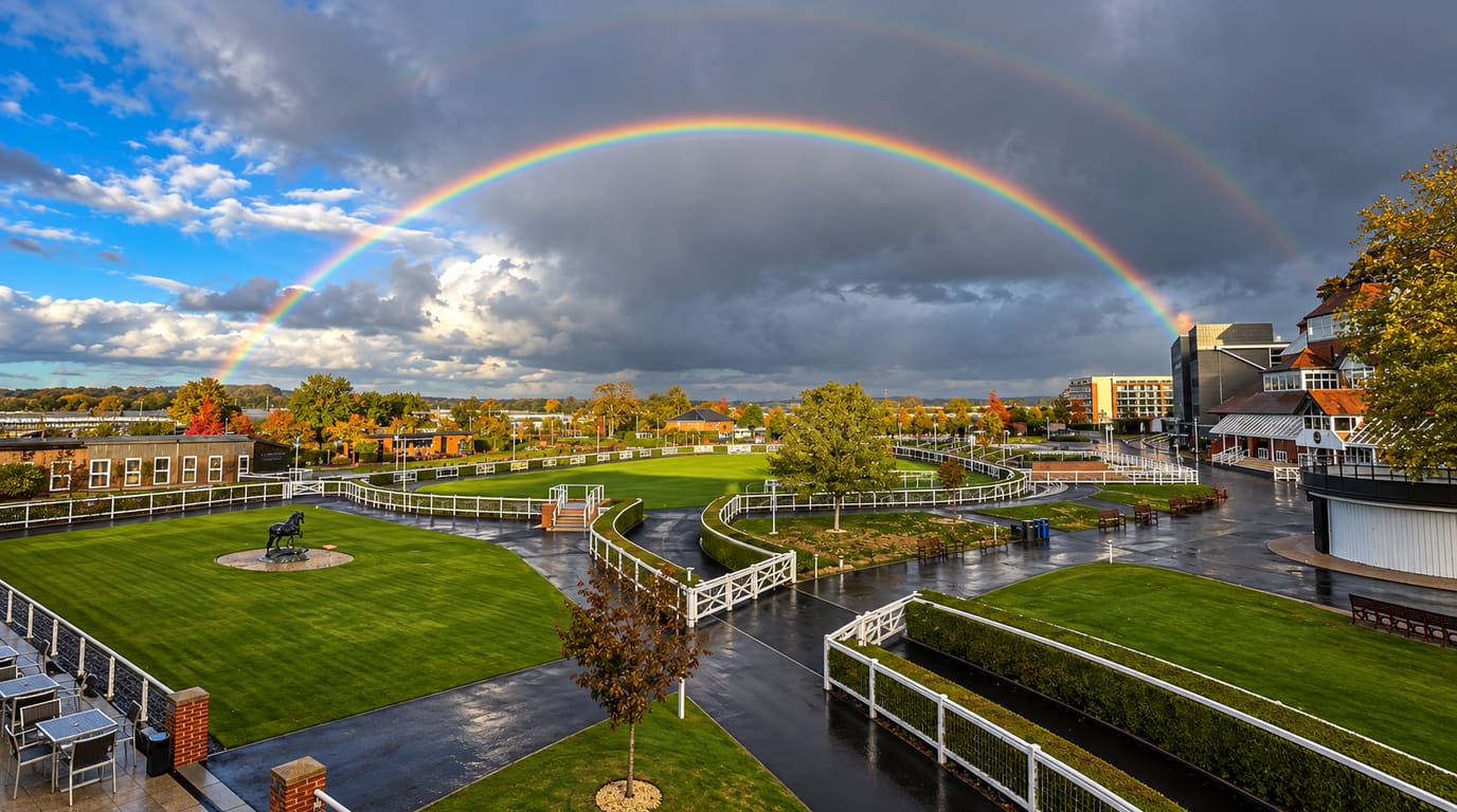 A double rainbow arcs over a rain-soaked, empty racecourse parade ring with wet paths, white rails, green lawns and a horse statue.