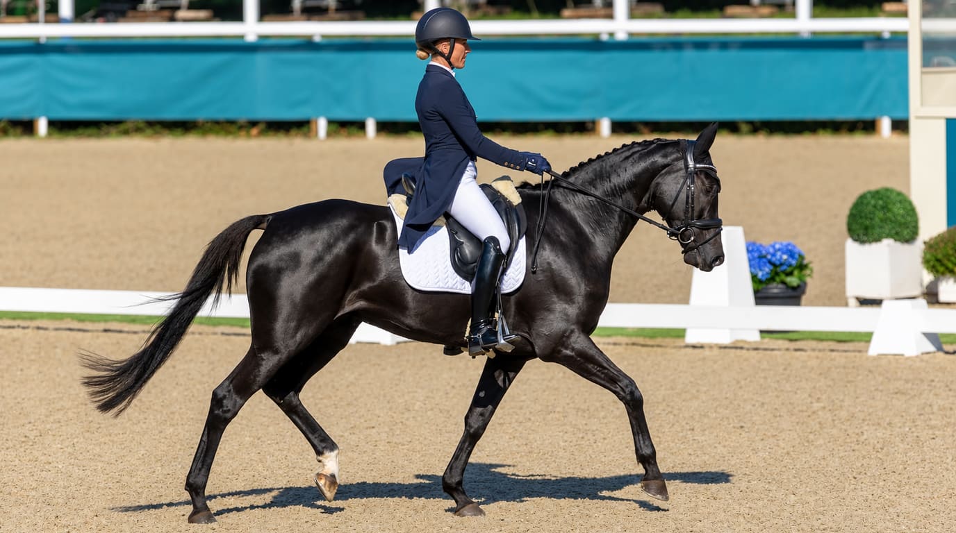 A rider in a navy tailcoat and helmet trots a glossy black young horse across a sand arena during a dressage test, with white rails and blue flowers behind.